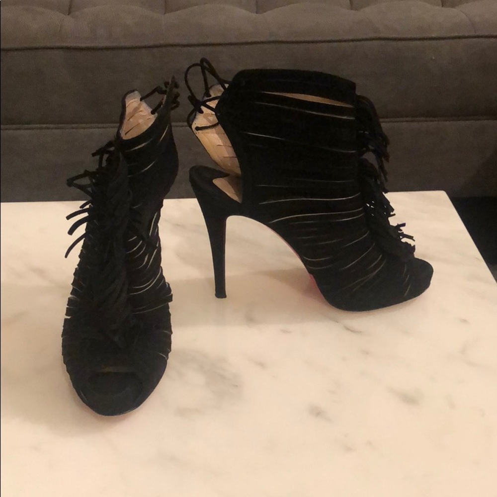 Christian Louboutin black suede fringe heels